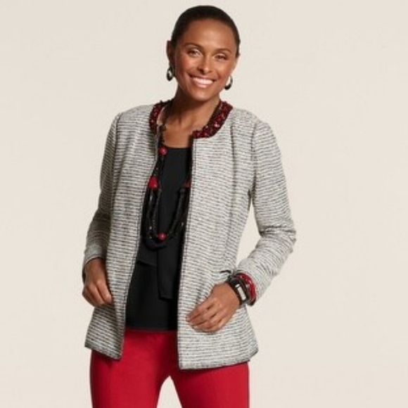 Chico's Jackets & Blazers - Chico's Black, White, Silver Tweed Jacket with Embellished Neckline 2 / L